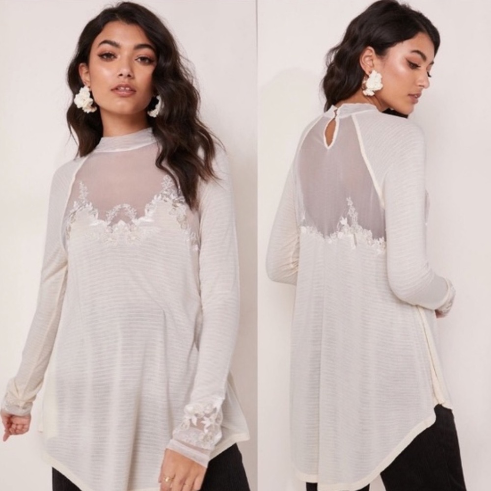 Women Free People SAHELI TOP Blouse Tunic Mesh Embroidery Ivory XS